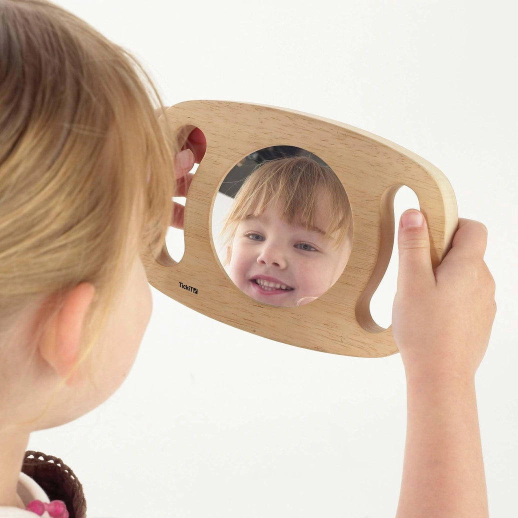 Wooden handled plane mirror for children sensory learning observation and early development