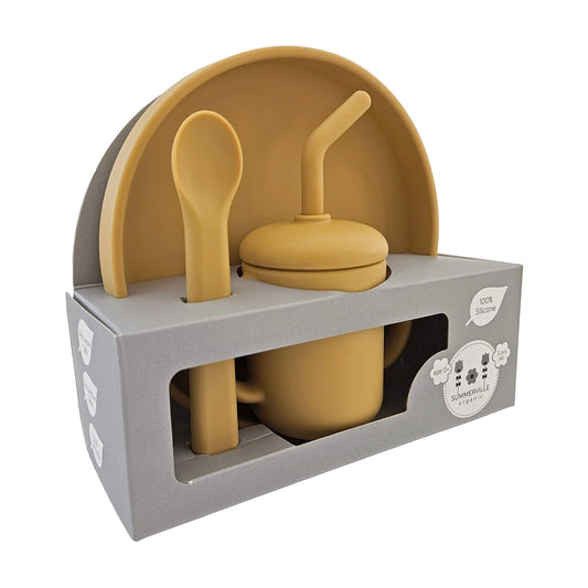 3 pcs kids feeding set in ochre with silicone plate cup and spoon for baby led weaning