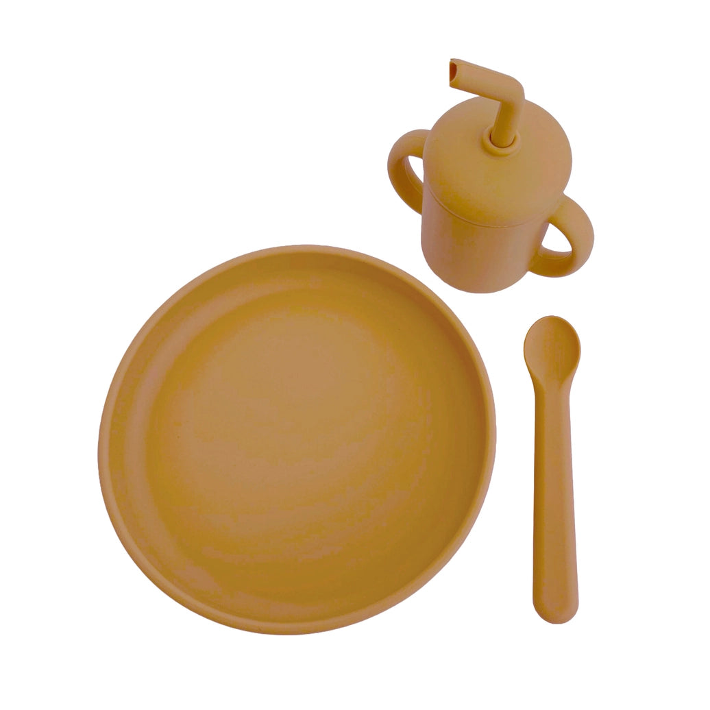 Baby feeding set in ochre with suction plate training cup and spoon for everyday meals