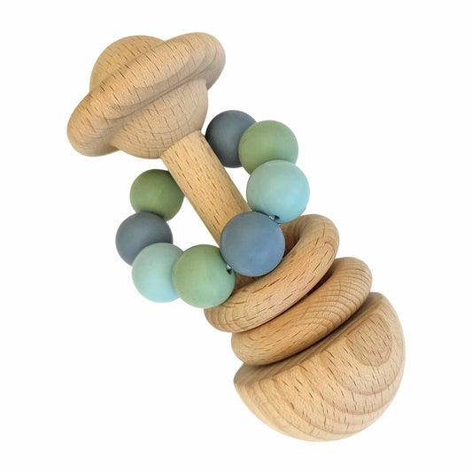 Baby wooden rattle with blue silicone beads for sensory development and fine motor skills