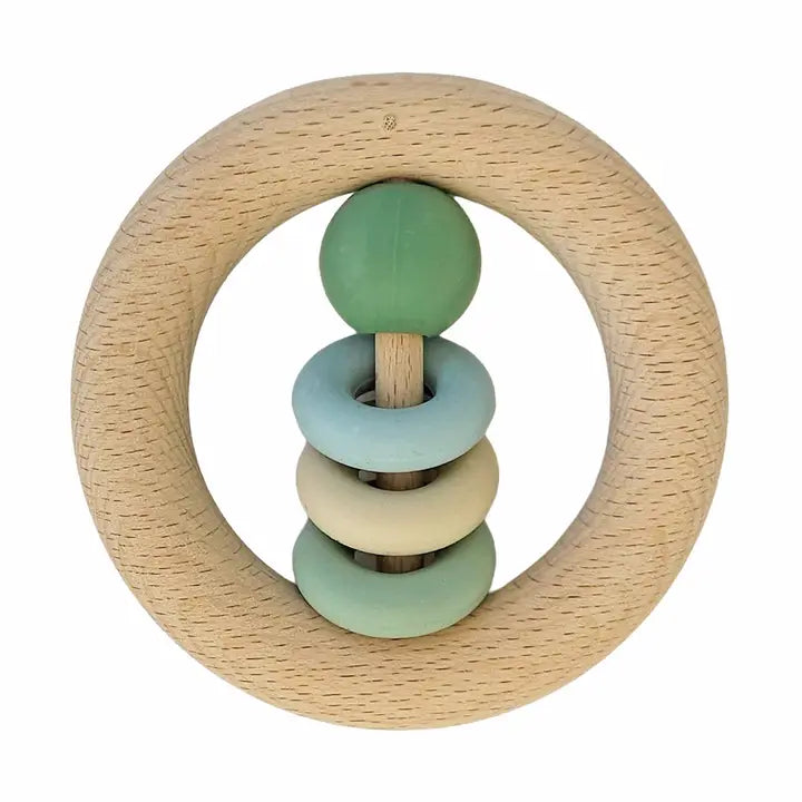 Baby wooden ring rattle in green color for sensory development and early grasping skills