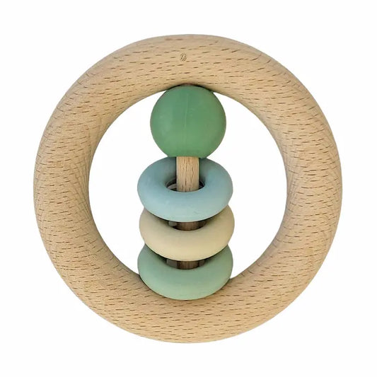 Baby wooden ring rattle in green color for sensory development and early grasping skills