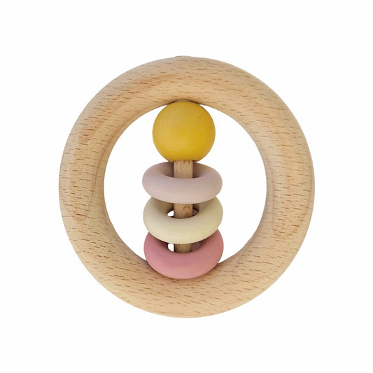 Baby wooden ring rattle in ochre color for sensory development and early grasping skills