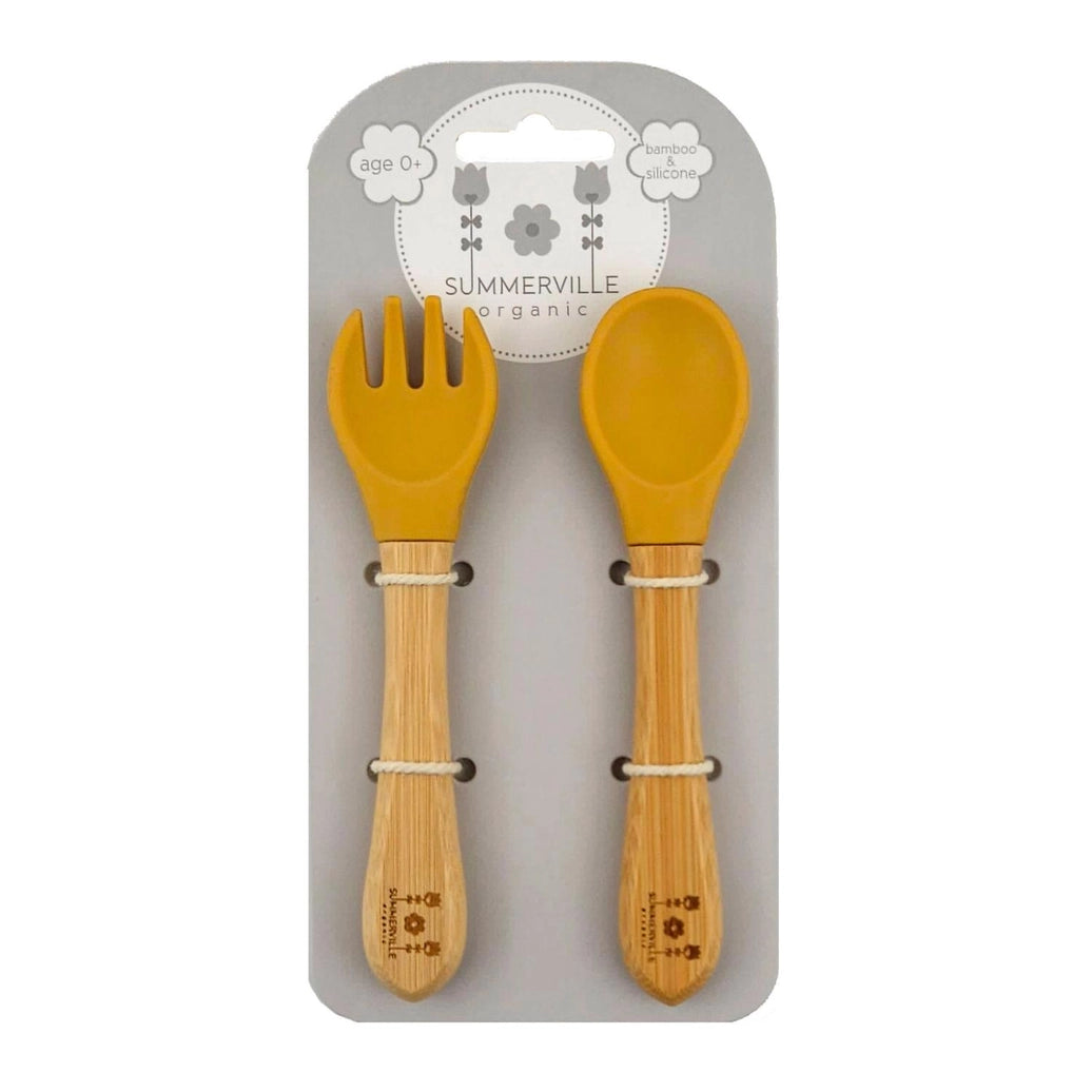 Bamboo spoon and fork set for babies learning self feeding and independent eating skills