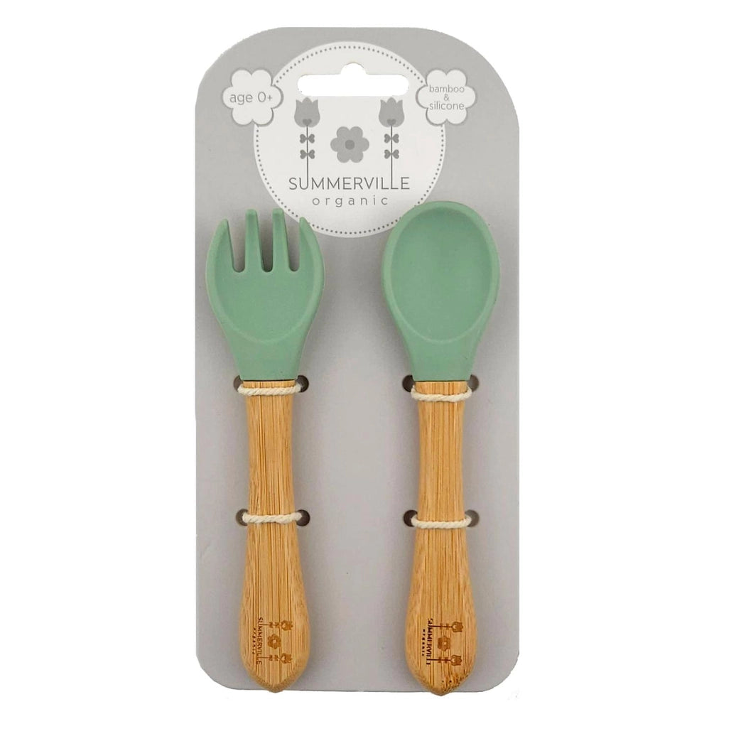 Bamboo spoon and fork set in cameo green for babies learning self feeding and motor skills