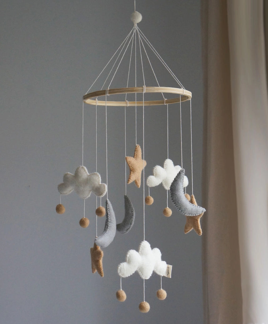 Beige star moon and cloud baby mobile
