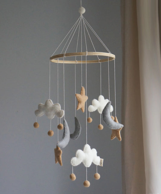 Beige star moon and cloud baby mobile