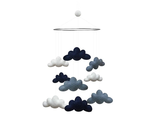 Blue and white cloud baby mobile