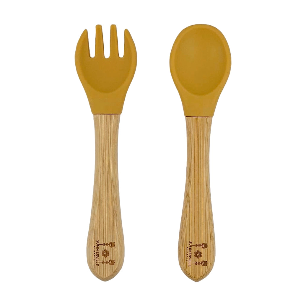 Eco friendly bamboo spoon and fork set with soft silicone tips for toddlers and babies