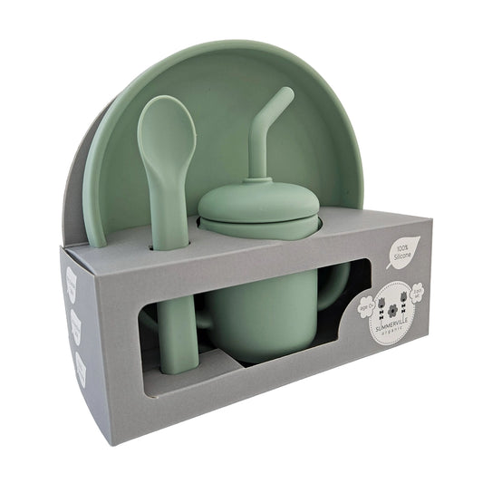 Kids feeding set with silicone plate bowl cup and spoon for baby led weaning and self feeding