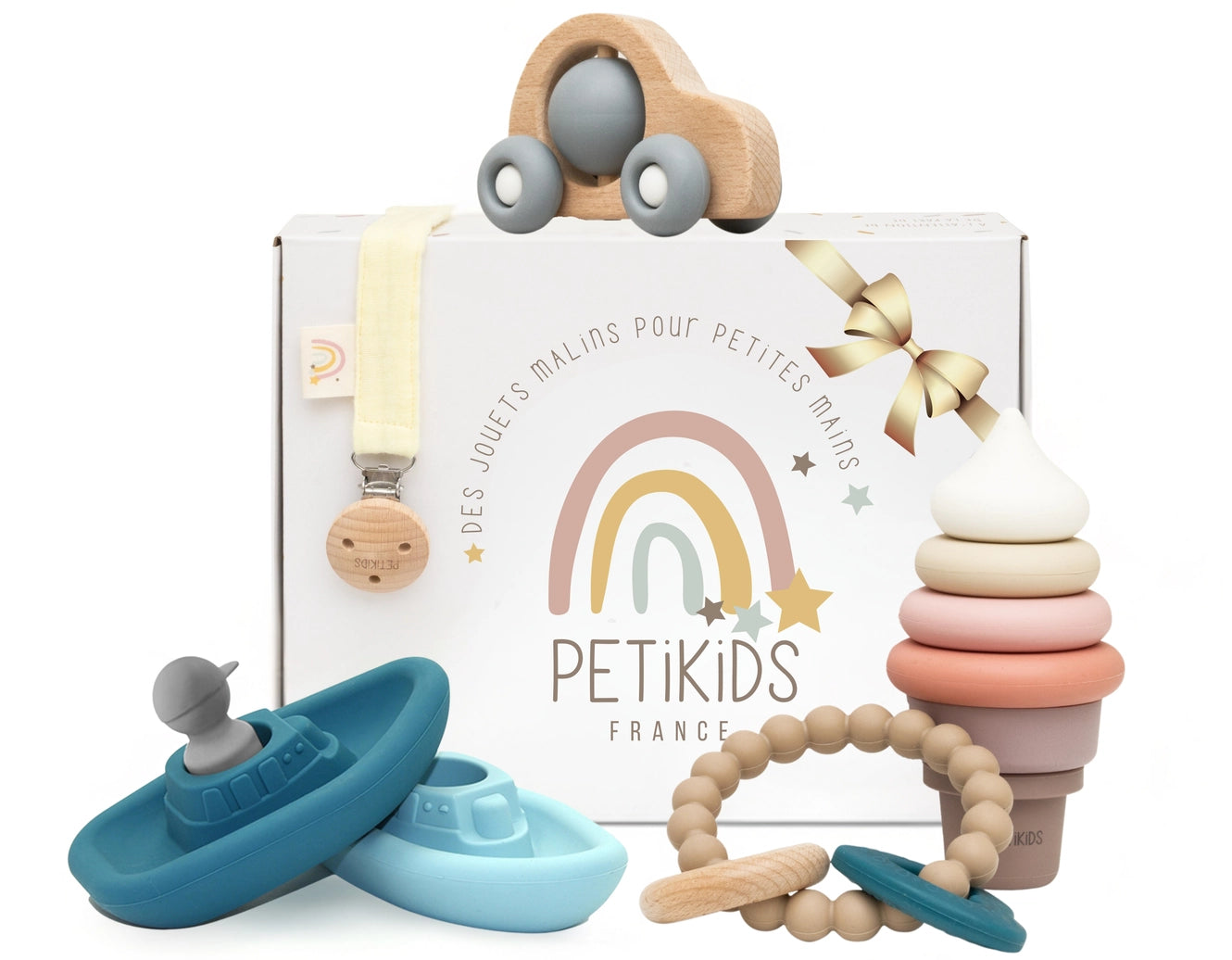 Montessori awakening set birth gift with wooden and silicone toys for newborn sensory development