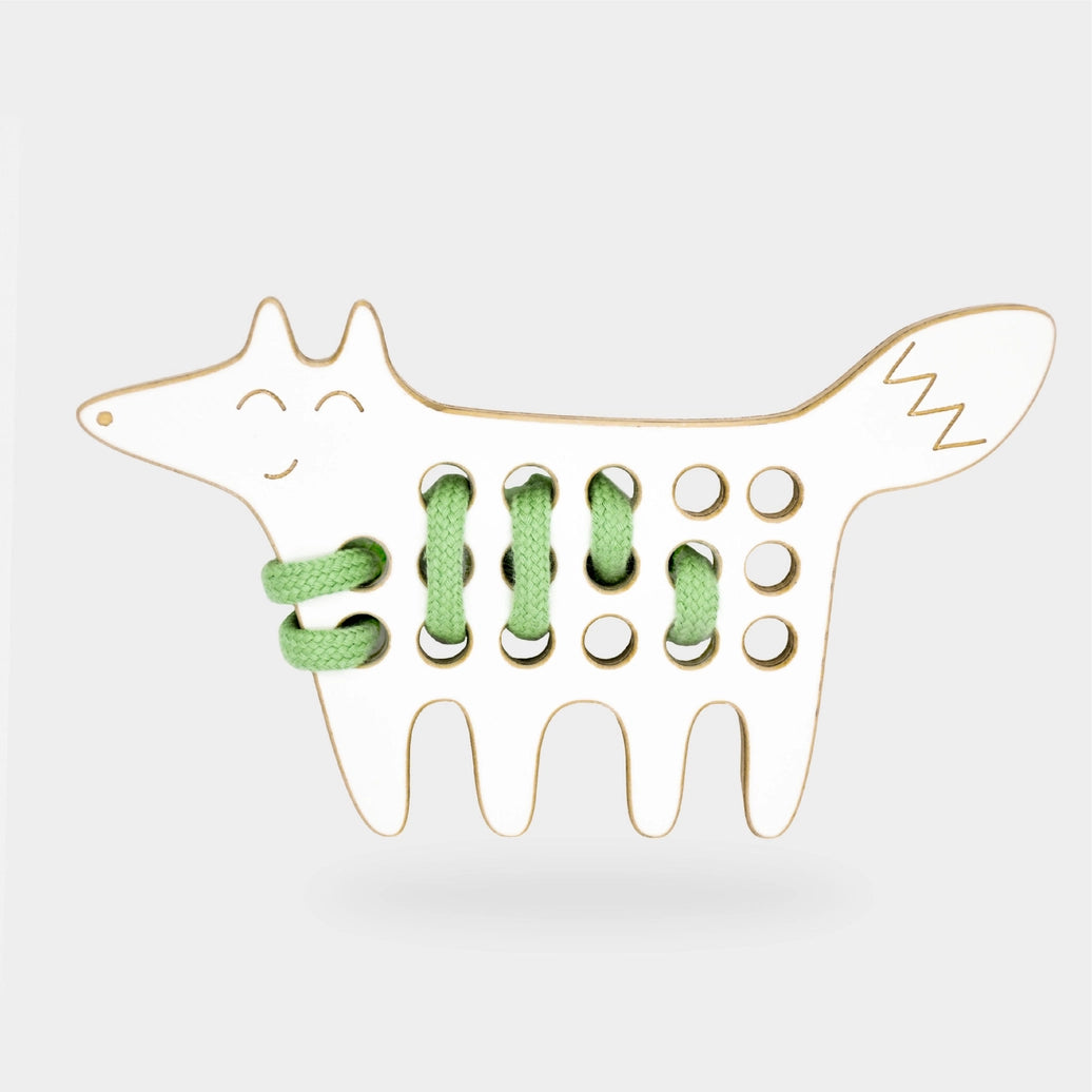 Montessori inspired fox wooden lacing activity for fine motor development and early learning