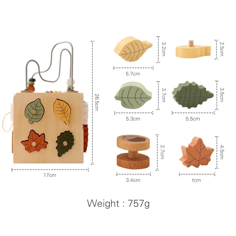 Montessori inspired wooden learning cube with interactive activities for toddlers and preschoolers