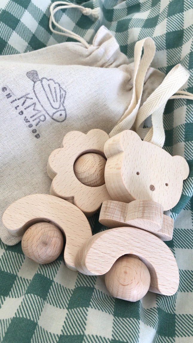 Montessori wooden baby rattle bear design