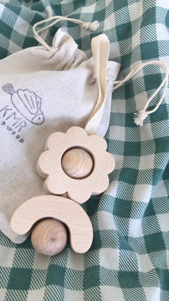 Montessori wooden baby rattle flower design