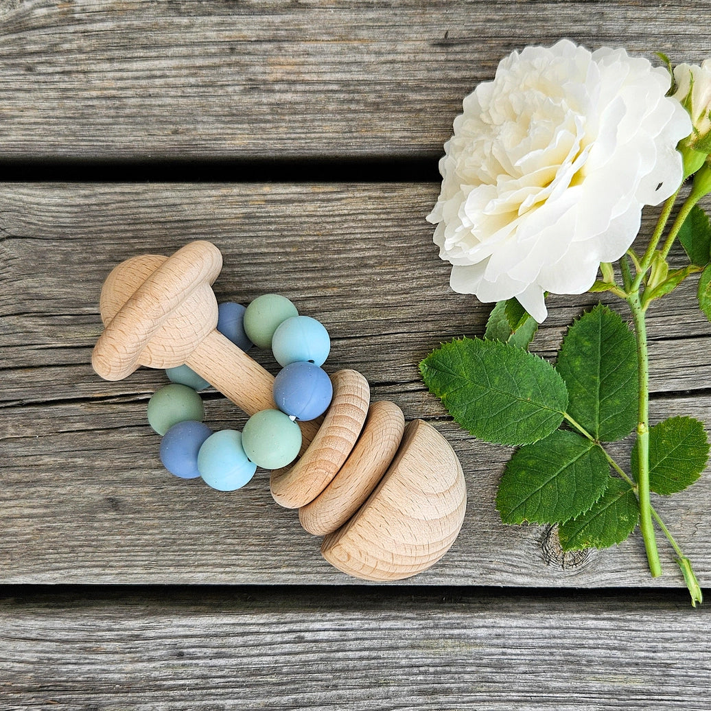Natural beech wood baby rattle with blue food grade silicone beads for infants
