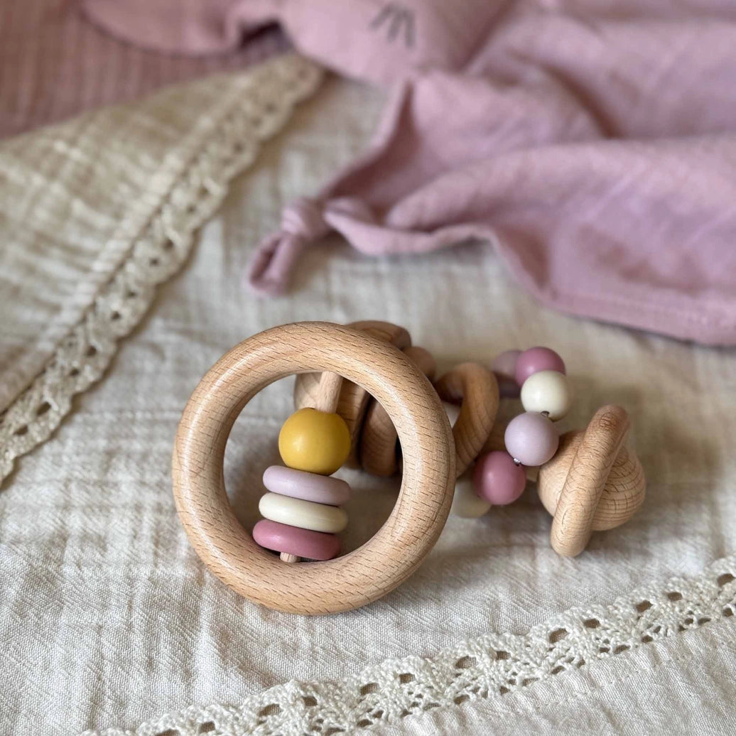 Natural wooden baby ring rattle ochre toy for newborn sensory play and motor development