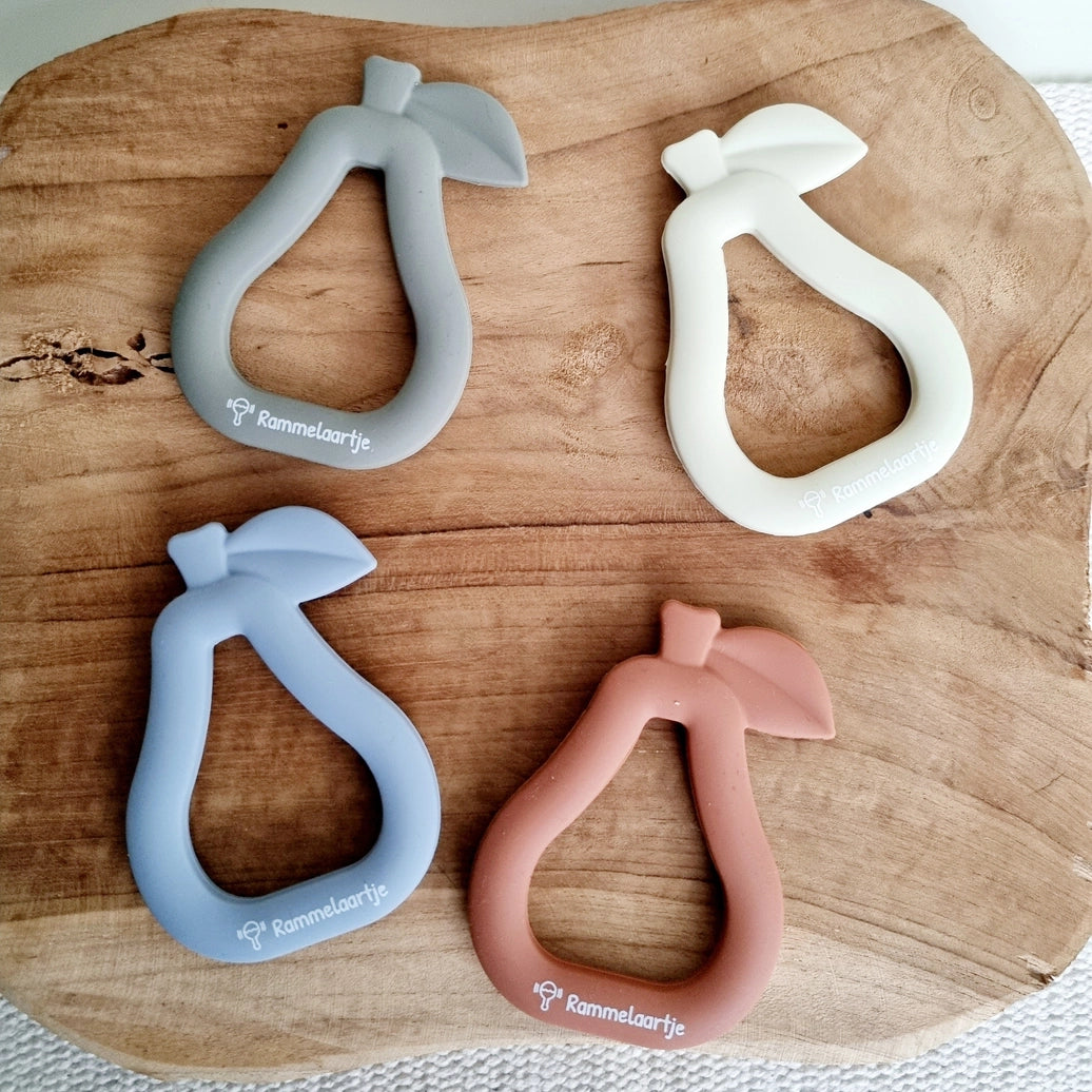 Pear shaped silicone teething toy for infants developing grasping and oral motor skills