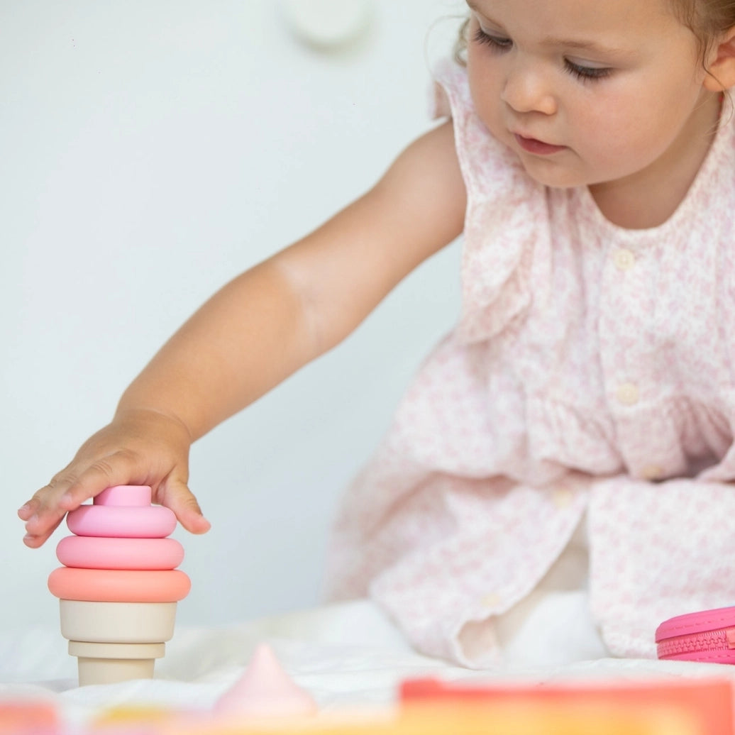 Pink silicone stacking ice cream toy for toddlers educational sensory and developmental activities
