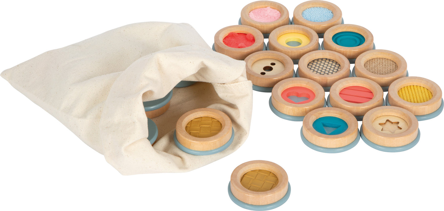 Sensory memory game with textured wooden pieces for tactile learning and cognitive development