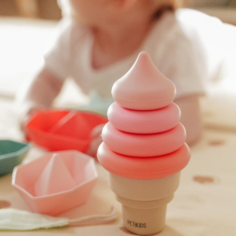 Soft silicone ice cream stacking toy in pink for creative open-ended play and learning