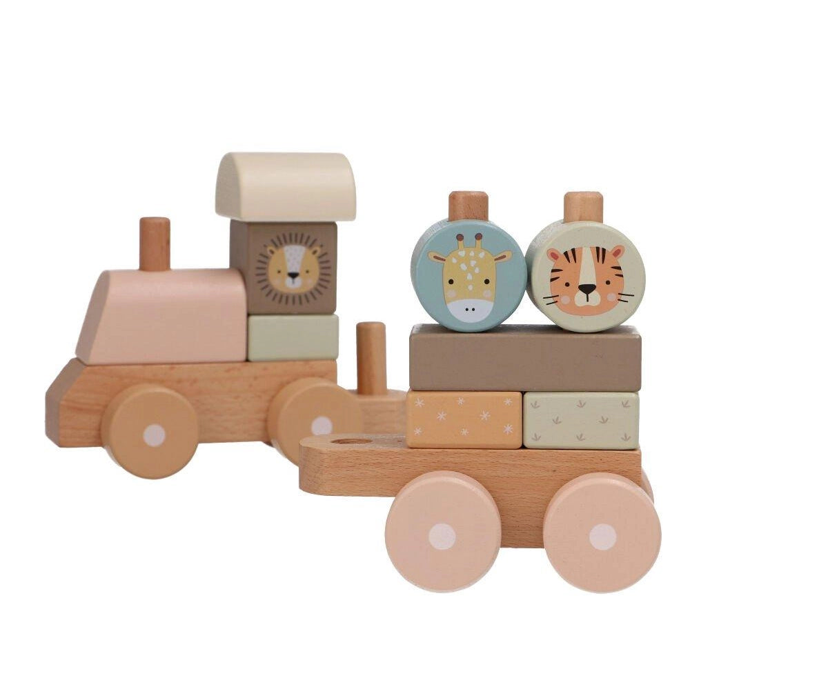 Stacking wooden zoo train with animal blocks