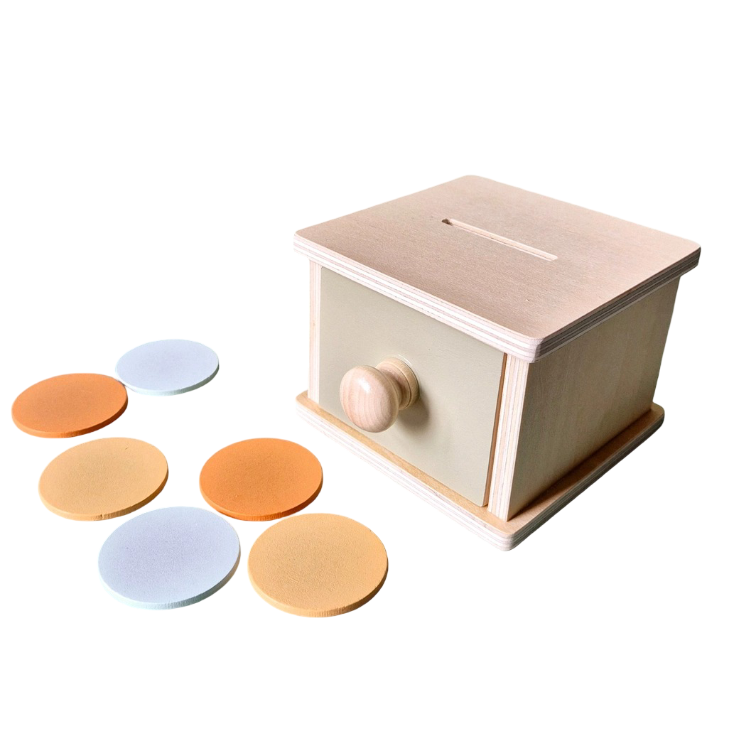 Wooden Montessori play box with drawer and colored discs for fine motor skill development and learning