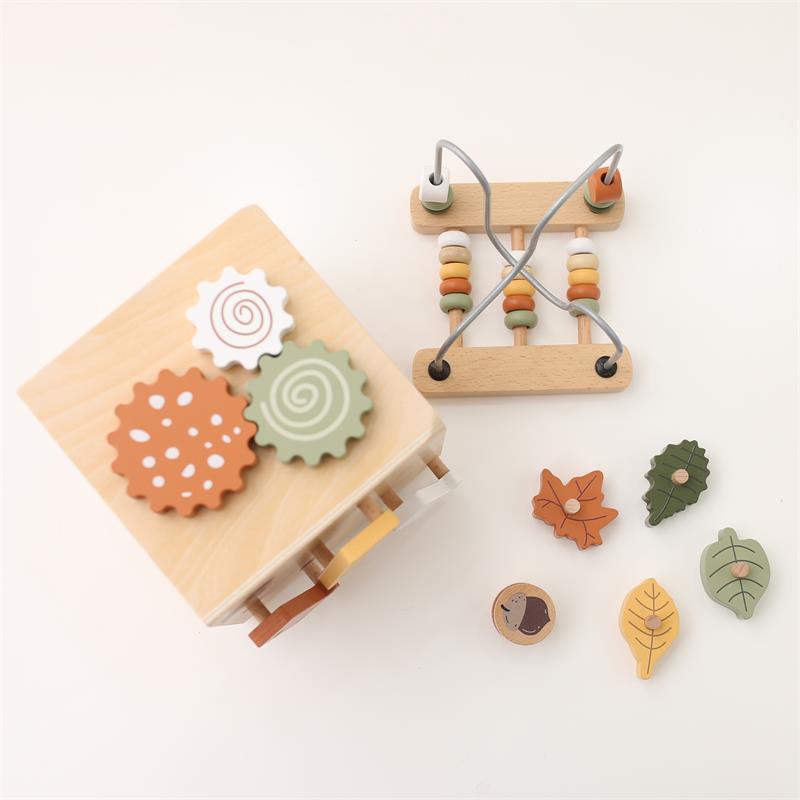 Wooden educational cube toy for toddlers supporting sensory learning motor skills and discovery
