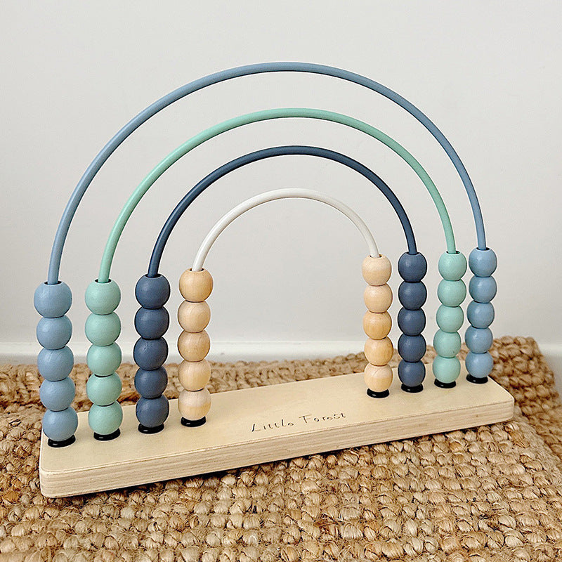 Wooden math toy with blue counting beads