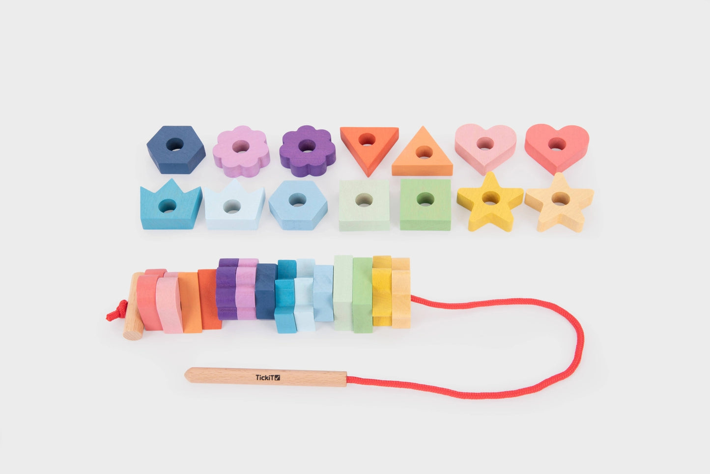 Wooden rainbow lacing shapes toy for children learning threading patterns and concentration