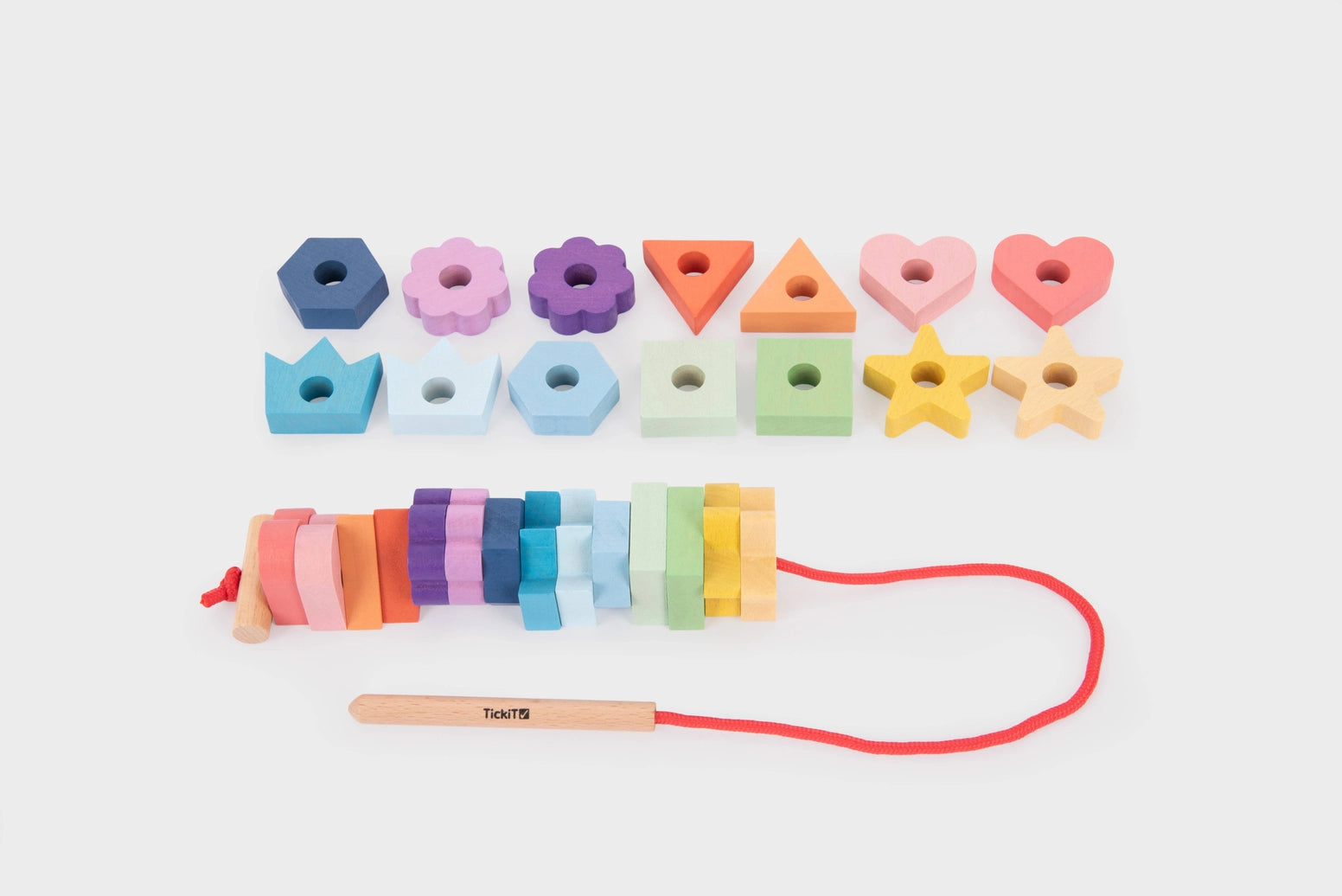 Wooden rainbow lacing shapes toy for children learning threading patterns and concentration